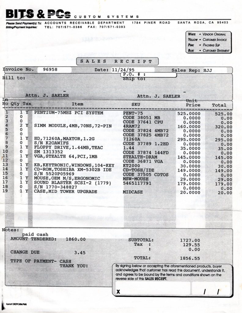 Pentium 75 Invoice from 1995
