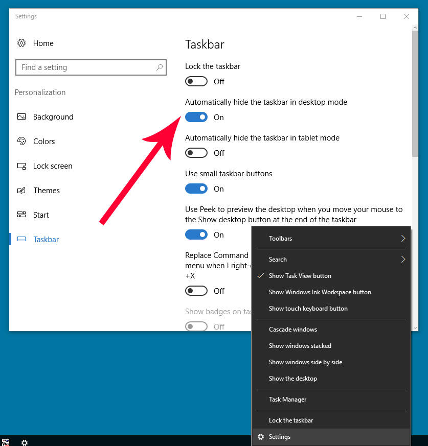 Windows 10 Taskbar Settings Menu