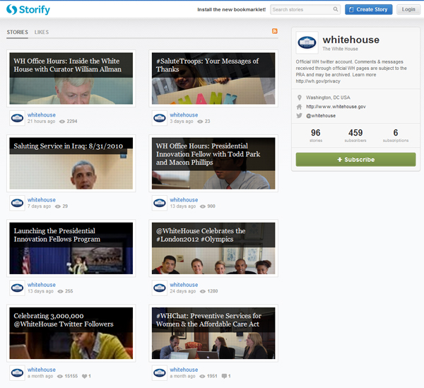 Storify home page for the White House