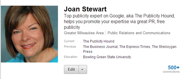 Joan Stewart's LinkedIn headline joan's linkedin headline