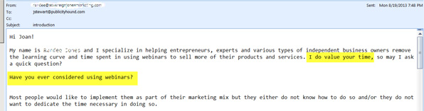 webinar screenshot on bad pitch to a blogger  A bad pitch from a sebinar company that wants to sell me webinar services