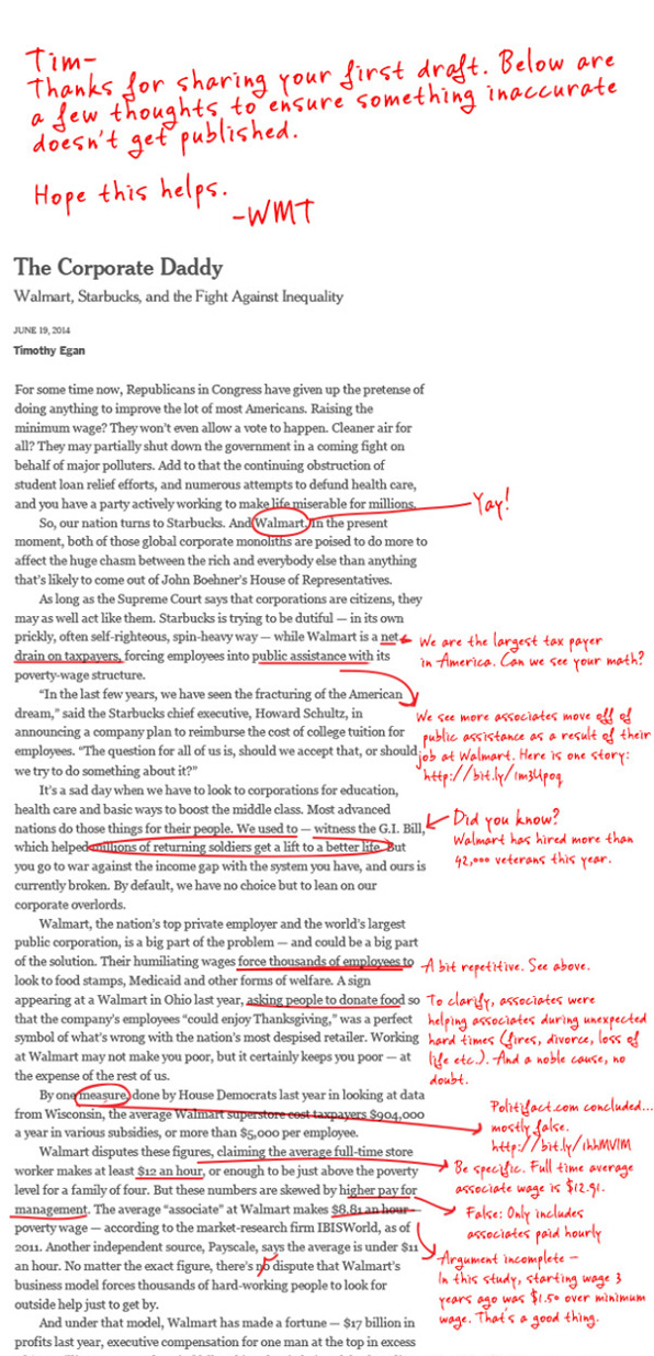 Walmart rebuttal to New York Times column walmart rebuttal