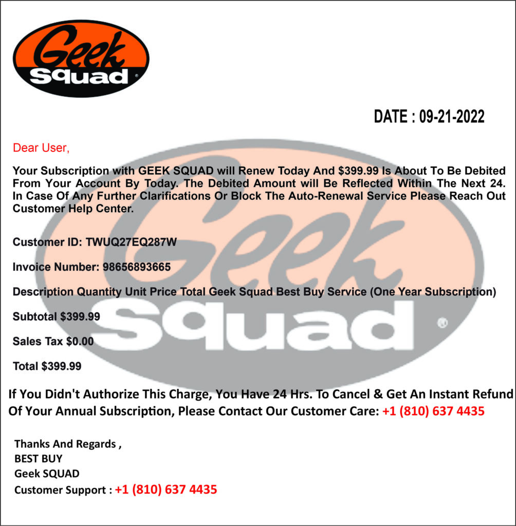 Geek Squad Email Invoice Scam